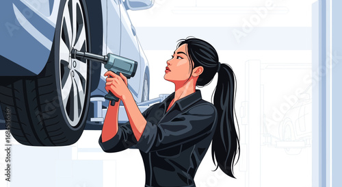 Confident female mechanic repairing a car tire at a modern auto repair shop