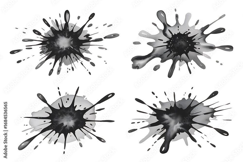 Obraz premium Abstract grayscale ink splatters: four high-resolution watercolor designs, perfect for artistic backgrounds or design elements.
