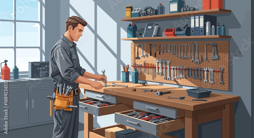 Craftsman working in his organized workshop holding wrenches with precision