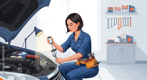 Dedicated female mechanic repairing a car engine with diligence and expertise