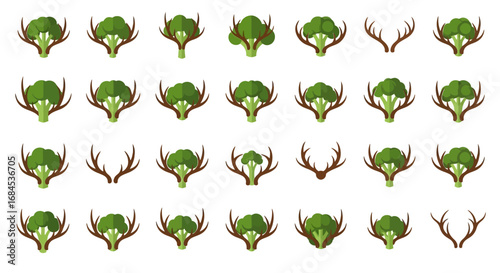 Seamless pattern of broccoli and deer antlers, a quirky fusion of nature and wildlife imagery