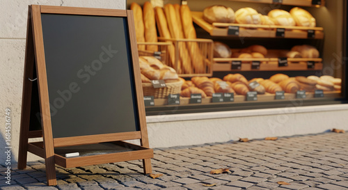 Fototapeta Naklejka Na Ścianę i Meble -  A blank wooden A-frame chalkboard sign stands on a sidewalk in front of a bakery window filled with fresh bread and pastries.