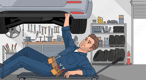Expert mechanic diligently repairing a vehicle in a well-equipped garage