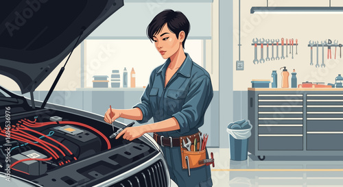 Female mechanic fixing car engine with automotive maintenance expertise