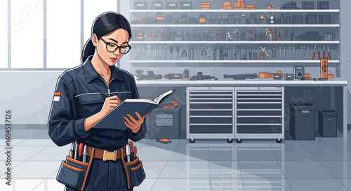 Female Mechanic Reviewing Inventory in Workshop Detailed Cartoon Style