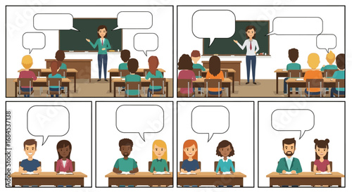 Depiction of diverse students and teacher in classroom with speech bubbles comic strip