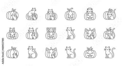 Whimsical halloween: Minimalist line art illustration featuring playful cats and pumpkins