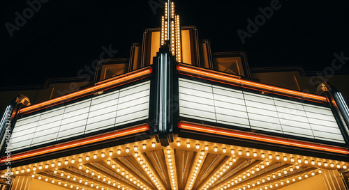 A brightly lit vintage movie theater marquee at night, showcasing classic art deco architecture and numerous glowing bulbs.