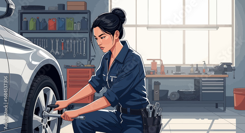 Focused mechanic expertly changes a tire in her well-organized workshop