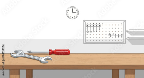 Handyman's workshop tools displayed neatly on the wooden workbench surface