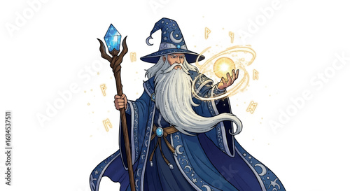 Wise Old Wizard with Magic Staff and Glowing Orb.