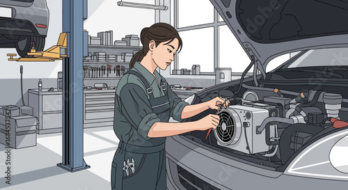 Illustration of a female mechanic repairing car in automotive workshop