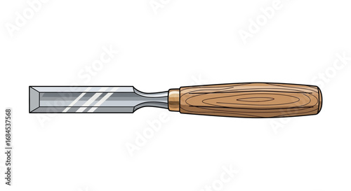 Illustration of a flat wood chisel with wooden handle on white backdrop