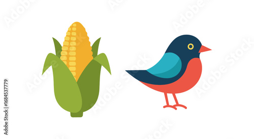 Whimsical pairing of nature's elements corn and a stylized bird in vibrant hues