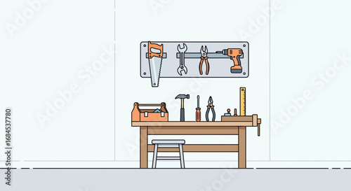 Illustration of a well-organized workbench with various tools hanging on the wall