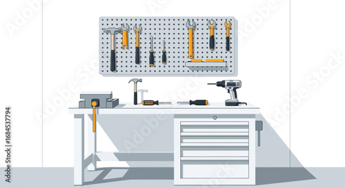 Illustration of a well-organized workshop with tools hanging on a pegboard