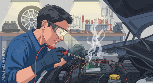 Illustrative depiction of a mechanic repairing a car's electrical system