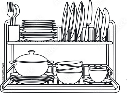 Dish rack with dishes kitchenware drawing line art illustration