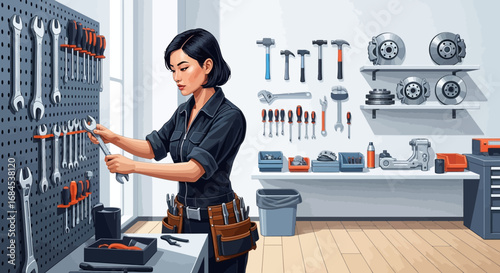 Mechanic woman inspecting tools in an organized workshop interior scene