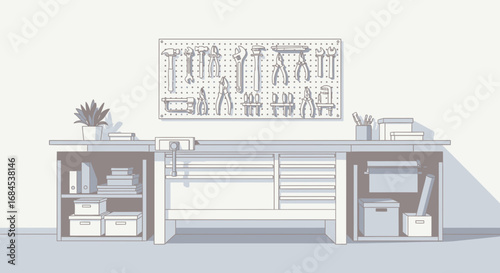 Minimalist illustration of a workshop with workbench and organized tools