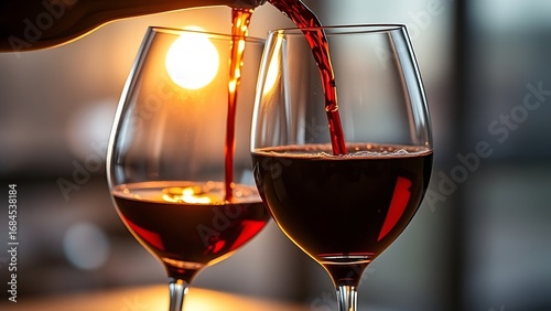 Two wine glasses being filled, capturing the elegance and enjoyment of fine beverages.