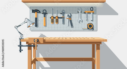 Organized workbench setup with tools and a functional lamp for DIY projects