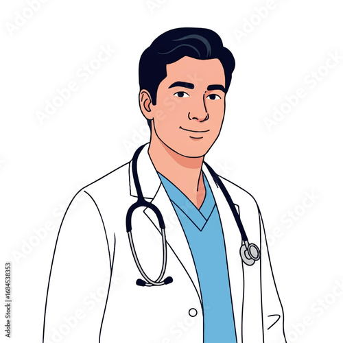 Young male doctor in lab coat with stethoscope.