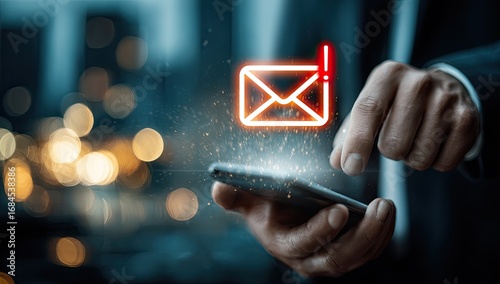 Businessperson interacts with a smartphone displaying a highlighted, red email icon with an alert