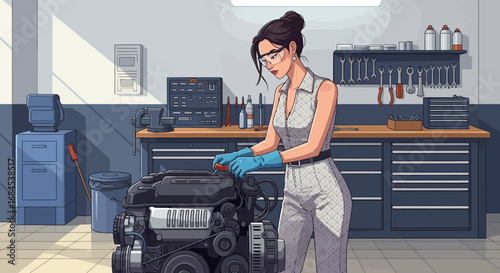 Professional female mechanic repairing an engine in a workshop garage