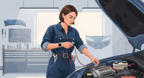 Professional female mechanic examining car engine wiring in workshop
