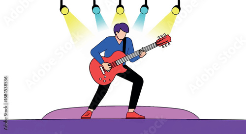 Young man playing electric guitar on stage with spotlights.