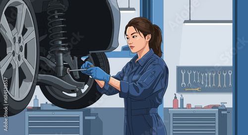 Professional mechanic examining a vehicle's suspension system in auto repair shop