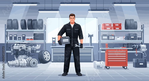 Professional mechanic holding tools and battery in an auto repair shop