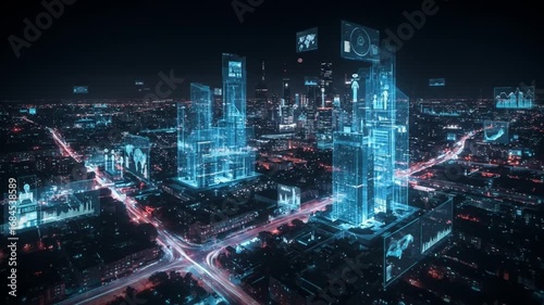 Wallpaper Mural Futuristic cityscape with illuminated roads and holographic displays on transparent buildings Torontodigital.ca