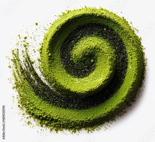 Spiral of vibrant green matcha powder, accented with dark flecks, swirled on a white background
