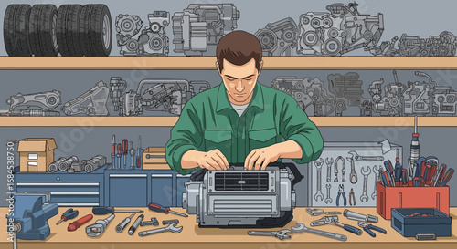 Repairing automotive parts in a detailed garage workshop illustration