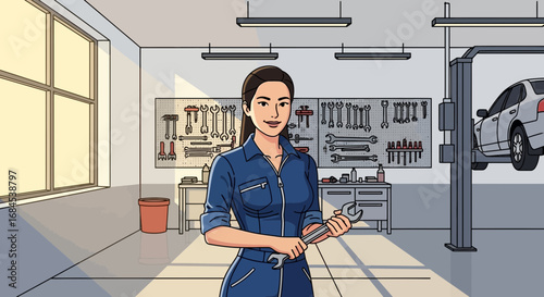 Skilled female mechanic in a modern auto repair shop ready to work