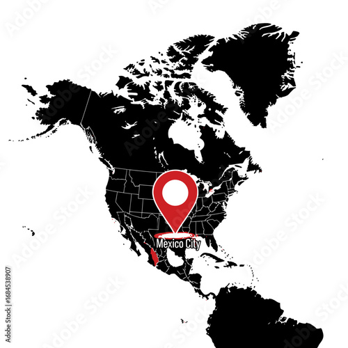North American cartography featuring the pinpoint of Mexico City location display