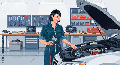 Skilled female mechanic using diagnostic tool on car engine in garage