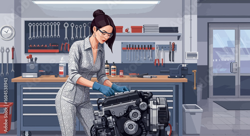 Skilled Mechanic in Workshop Repairing Engine, Detailed Illustration