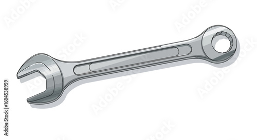 Stylized depiction of a combination wrench on a simple white background