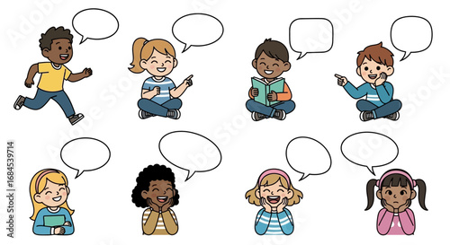 Diverse cartoon kids with speech bubbles depicting childhood thoughts and expressions