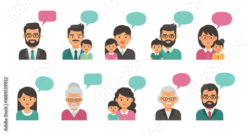 Diverse community conversations illustrated in a vibrant vector style with speech bubbles