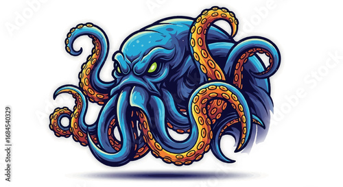 Angry Blue Octopus with Orange Tentacles Vector Illustration.