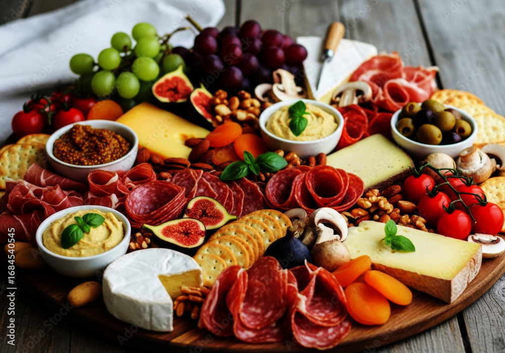 Fototapeta premium Abundant Charcuterie Board with Meats Cheeses Fruits and Nuts cheese board antipasto