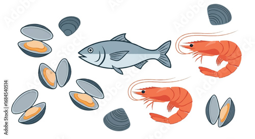 Assortment of Fresh Seafood Including Fish Shrimp and Mussels.