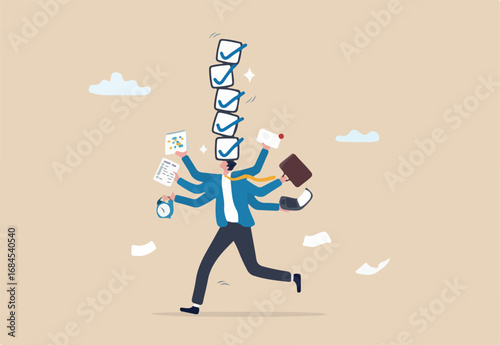Productivity or efficiency, manage busy work to finish task or checklist, solving overworked and develop time management strategy, busy businessman holding work stuff with finishing checklist tasks