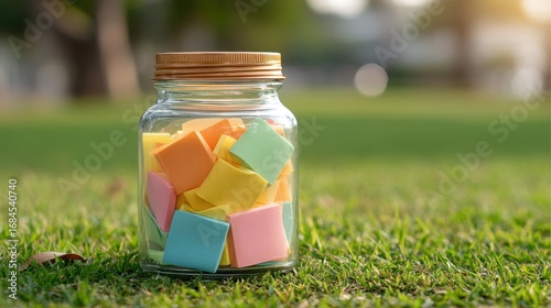 Colorful sticky notes in a glass jar placed on green grass in a natural outdoor setting during a bright sunny day with blurred background elements