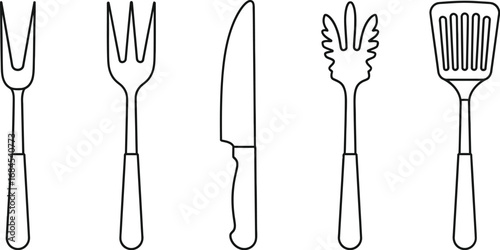Kitchen utensils outline vector set cooking tools isolated white