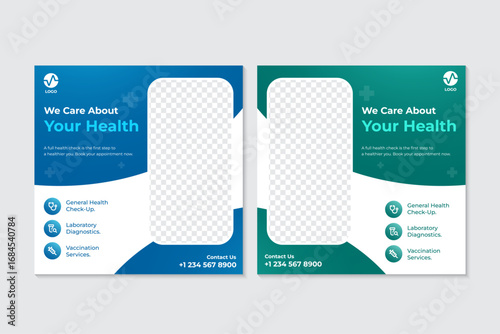 Set of Modern Social Media Post Templates for Health and Medical Services, blue and green color palette with abstract